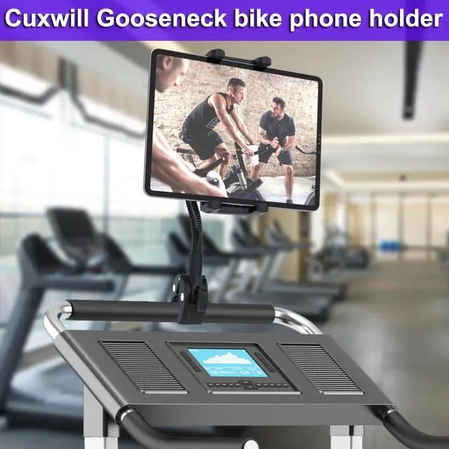 Alt view image 2 of 5 - Cuxwill Tablet Holder Bike Mount Fit 4-13" iPad Phone for Peloton Treadmill, Upgrade Goosencek Clamp Mount for Spin Bike, Indoor Stationary Exercise Bicycle, Wheelchair, Mic Stand, Stroller Handlebar