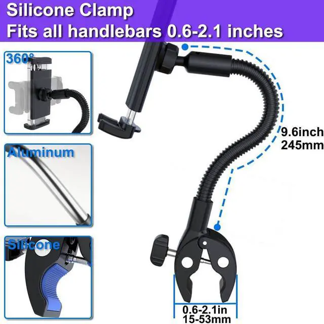 Alt view image 4 of 5 - Cuxwill Tablet Holder Bike Mount Fit 4-13" iPad Phone for Peloton Treadmill, Upgrade Goosencek Clamp Mount for Spin Bike, Indoor Stationary Exercise Bicycle, Wheelchair, Mic Stand, Stroller Handlebar