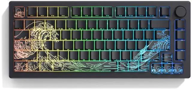 Main image of dagaladoo Black keycaps Double Shot PBT keycaps Shine Through Wave of Kanagawa Side Printed Key caps Cherry Profile Custom Key Cap Set for 100%, 75%, 65%, 60% US Layout Mechanical Keyboard