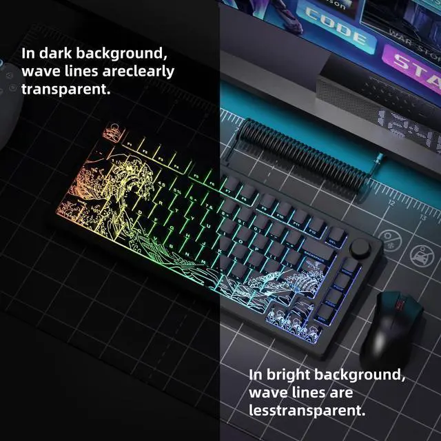 Alt view image 3 of 5 - dagaladoo Black keycaps Double Shot PBT keycaps Shine Through Wave of Kanagawa Side Printed Key caps Cherry Profile Custom Key Cap Set for 100%, 75%, 65%, 60% US Layout Mechanical Keyboard