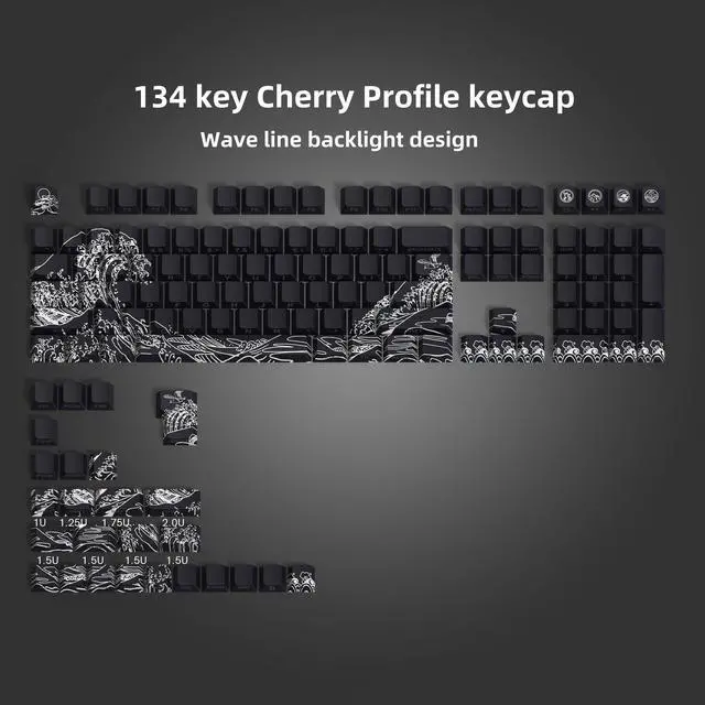 Alt view image 2 of 5 - dagaladoo Black keycaps Double Shot PBT keycaps Shine Through Wave of Kanagawa Side Printed Key caps Cherry Profile Custom Key Cap Set for 100%, 75%, 65%, 60% US Layout Mechanical Keyboard