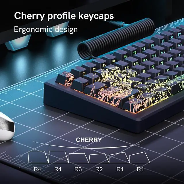 Alt view image 4 of 5 - dagaladoo Black keycaps Double Shot PBT keycaps Shine Through Wave of Kanagawa Side Printed Key caps Cherry Profile Custom Key Cap Set for 100%, 75%, 65%, 60% US Layout Mechanical Keyboard