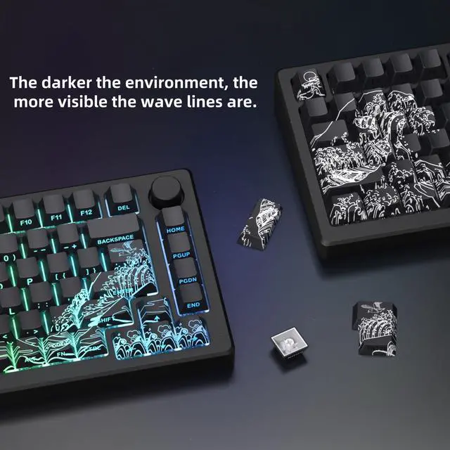 Alt view image 5 of 5 - dagaladoo Black keycaps Double Shot PBT keycaps Shine Through Wave of Kanagawa Side Printed Key caps Cherry Profile Custom Key Cap Set for 100%, 75%, 65%, 60% US Layout Mechanical Keyboard