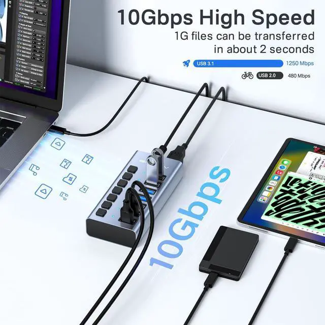 Alt view image 3 of 5 - Powered USB 3.1 Hub, ACASIS 7 Ports USB 3.1 Hub with 10Gbps Data Speed,Aluminum Housing, USB Hub Powered with 24W Power Adapter, USB Hub for PC/Laptop, Computer, Flash Drive, Printer, Camera