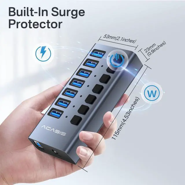 Alt view image 5 of 5 - Powered USB 3.1 Hub, ACASIS 7 Ports USB 3.1 Hub with 10Gbps Data Speed,Aluminum Housing, USB Hub Powered with 24W Power Adapter, USB Hub for PC/Laptop, Computer, Flash Drive, Printer, Camera