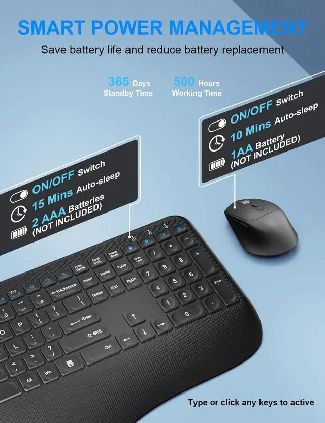 Alt view image 2 of 5 - Wireless Keyboard and Mouse Combo, Full-Sized 2.4GHz Comfortable Palm Rest and Optical Wireless Mouse for Windows, Mac OS PC/Desktops/Computer/Laptops(Carbon Black)