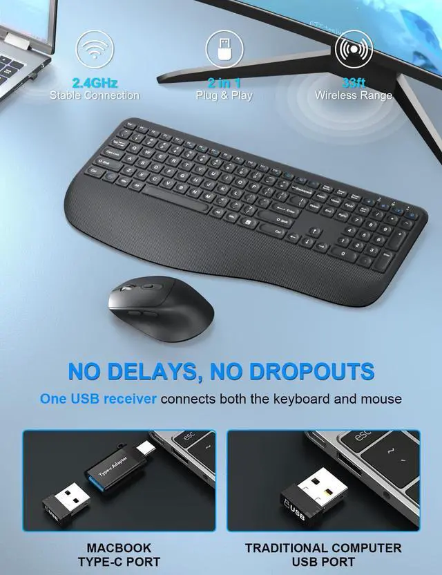 Alt view image 4 of 5 - Wireless Keyboard and Mouse Combo, Full-Sized 2.4GHz Comfortable Palm Rest and Optical Wireless Mouse for Windows, Mac OS PC/Desktops/Computer/Laptops(Carbon Black)