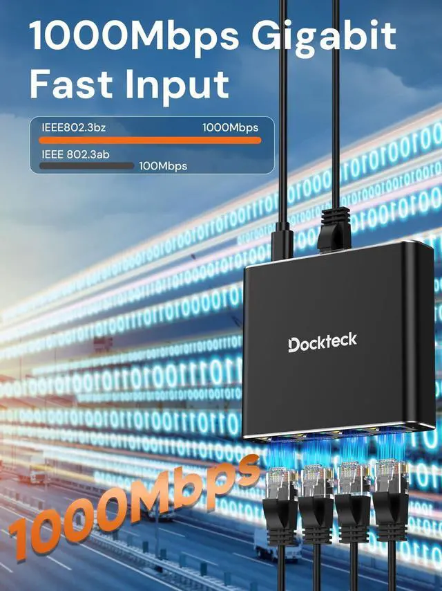 Alt view image 3 of 5 - Ethernet Splitter 1 to 4 1000Mbps, Dockteck Internet Cable Splitter 1 in 4 Out High Speed Switch Network Gigabit for LAN RJ45 Port Router Switch Work with Cat5/5e/6/7/8 Cable