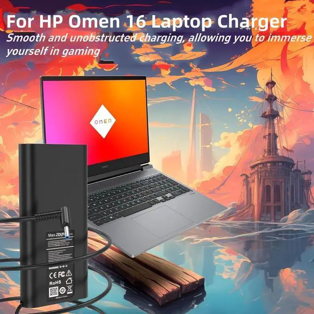Alt view image 2 of 5 - 200W Omen Laptop Charger for HP Omen 15 17 15-dh 15-ek 16-ae 17-cb Victus 16 15t 15 15-fb 16-e 16-d ZBook Fury 15 17 G7 G8 L00895-003 L00818-850 4SC19AA#ABB Gaming Power AC Adapter