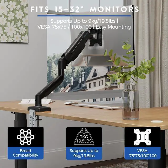 Alt view image 4 of 5 - BONTEC Single Monitor Stand, Adjustable Gas Spring Arm Monitor Desk Mount for 15-32 Inch Screens, Upgraded Full Motion VESA Mount with C Clamp, Grommet Base, Tilt, Swivel, Rotation