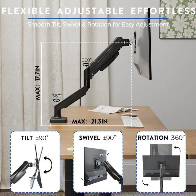Alt view image 5 of 5 - BONTEC Single Monitor Stand, Adjustable Gas Spring Arm Monitor Desk Mount for 15-32 Inch Screens, Upgraded Full Motion VESA Mount with C Clamp, Grommet Base, Tilt, Swivel, Rotation