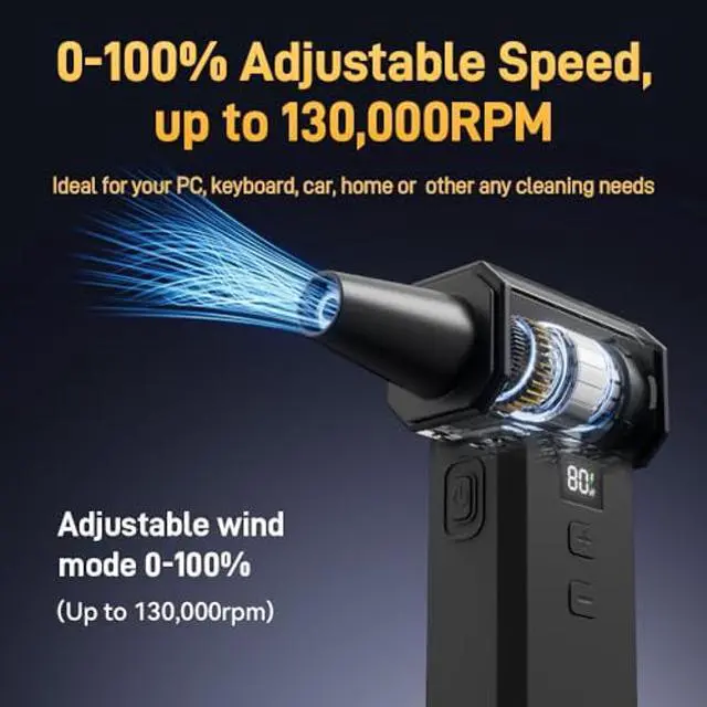 Alt view image 2 of 5 - 2 in 1 Compressed Air Duster and Vacuum with Screen Display, 130000RPM Blow and Vacuum, 0-100% Adjustable Speed, 8000mAh Rechargeable Battery, Ideal for PC, Keyboard, car, Home Cleaning