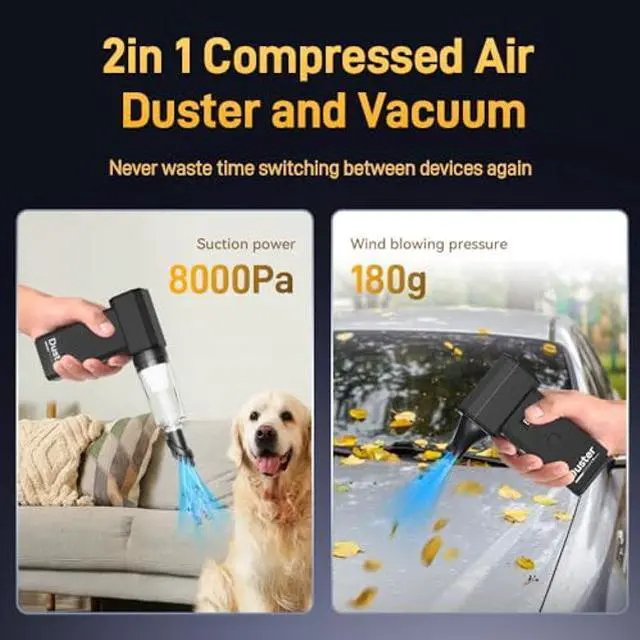 Alt view image 3 of 5 - 2 in 1 Compressed Air Duster and Vacuum with Screen Display, 130000RPM Blow and Vacuum, 0-100% Adjustable Speed, 8000mAh Rechargeable Battery, Ideal for PC, Keyboard, car, Home Cleaning