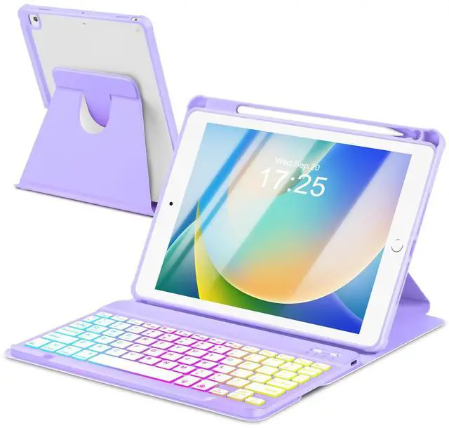 Main image of EAMPANG Case with Keyboard for iPad 9th 8th 7th Generation 10.2 inch,7 Rainbow Backlit Detachable Wireless Keyboard Rotatable Magnetic Cover with Pencil Holder for iPad Air 3rd Gen/Pro 10.5 Purple