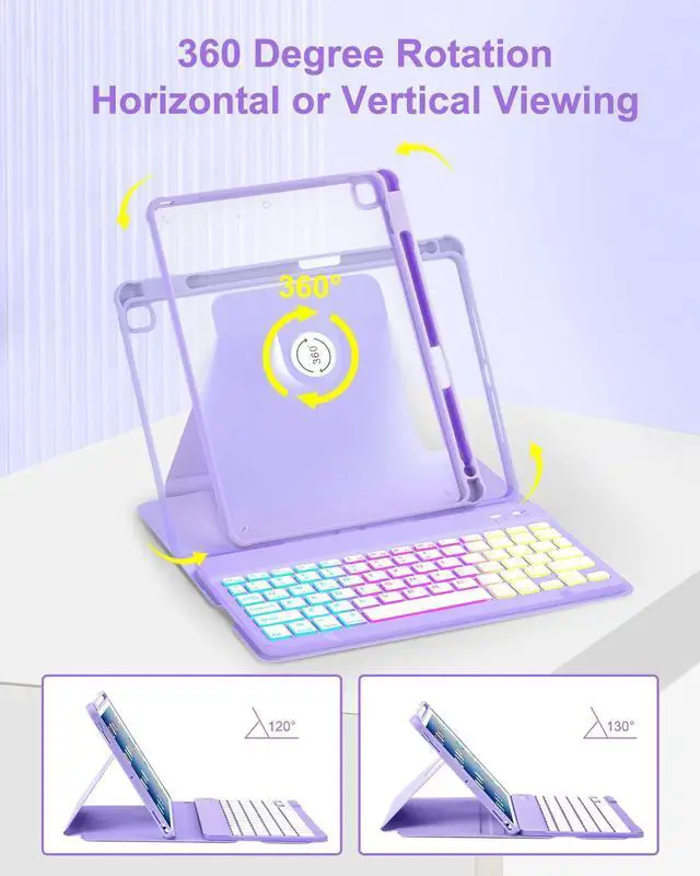 Alt view image 4 of 5 - EAMPANG Case with Keyboard for iPad 9th 8th 7th Generation 10.2 inch,7 Rainbow Backlit Detachable Wireless Keyboard Rotatable Magnetic Cover with Pencil Holder for iPad Air 3rd Gen/Pro 10.5 Purple