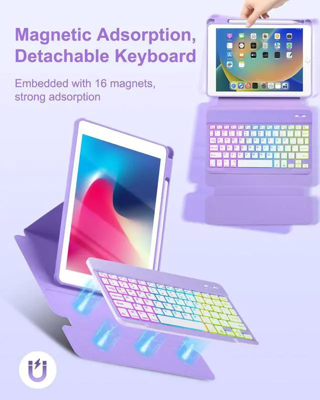 Alt view image 5 of 5 - EAMPANG Case with Keyboard for iPad 9th 8th 7th Generation 10.2 inch,7 Rainbow Backlit Detachable Wireless Keyboard Rotatable Magnetic Cover with Pencil Holder for iPad Air 3rd Gen/Pro 10.5 Purple