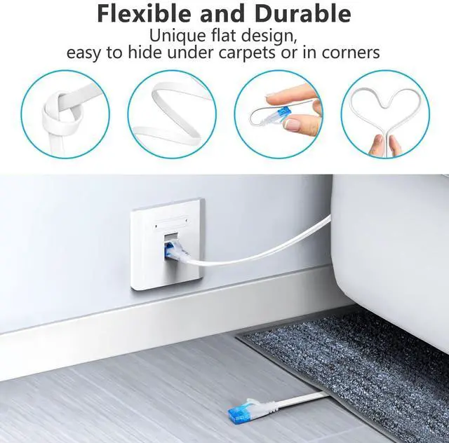 Alt view image 4 of 5 - Ercielook Cat 6 Flat Ethernet Cable 150 ft, White Long Internet Cable with rj45 connectors, High Speed White LAN Cable with Clips & Straps