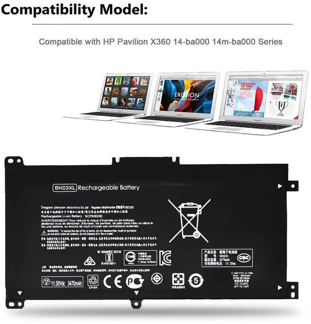 Alt view image 3 of 5 - BK03XL Battery and 65W Charger for HP Pavilion X360 14-BA000 14M-BA000:14m-ba011dx 14m-ba013dx 14m-ba015dx 14m-ba114dx 14-ba253cl 14-ba125cl 14-ba175nr 14-ba051cl 916366-421 916811-855 HSTNN-LB7S