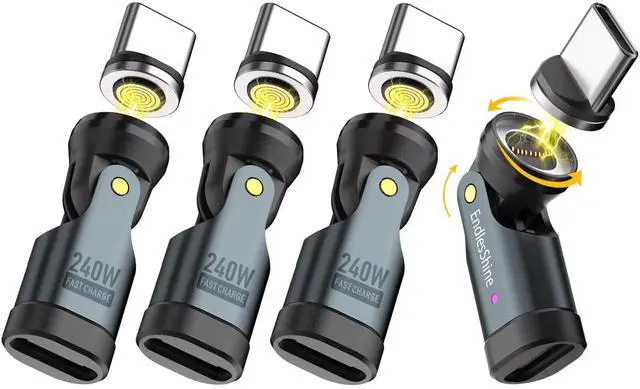 Main image of EndlesShine Magnetic USB Adapter Type C to C 4 Pack 9 PIN 180° & 360° Rotation Phone OTG Port Replacement & Extender PD 240W USB2.0 Type-C Extension Connector with LED Indicator (Black)