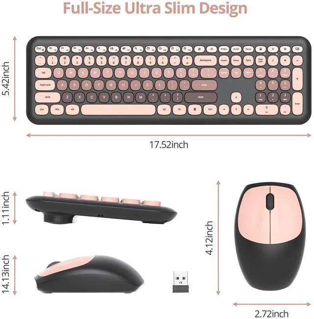 Alt view image 3 of 5 - Fogruaden Quiet Pink Wireless Keyboard and Mouse, 2.4GHz Retro Cute Typewriter-Style Full-Size Colorful Keyboard and Mouse Combo, Slim Design, Low-Noise Typing for Home, Office, Windows PC, Laptop