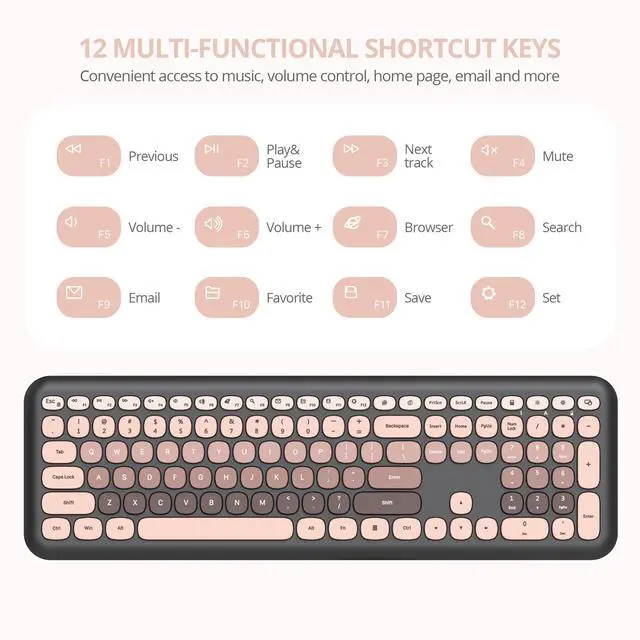 Alt view image 4 of 5 - Fogruaden Quiet Pink Wireless Keyboard and Mouse, 2.4GHz Retro Cute Typewriter-Style Full-Size Colorful Keyboard and Mouse Combo, Slim Design, Low-Noise Typing for Home, Office, Windows PC, Laptop