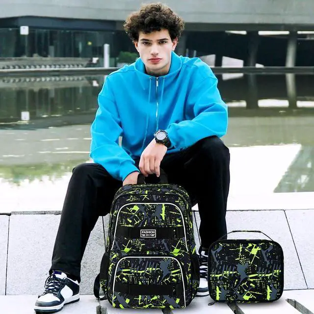 Alt view image 2 of 5 - FTJCF 17 Inches Backpack for Boys Men, 3Pcs College Laptop Backpacks Set for Teens Students, Water Resistant Graffiti School Bookbag with Lunch Bag(Green)