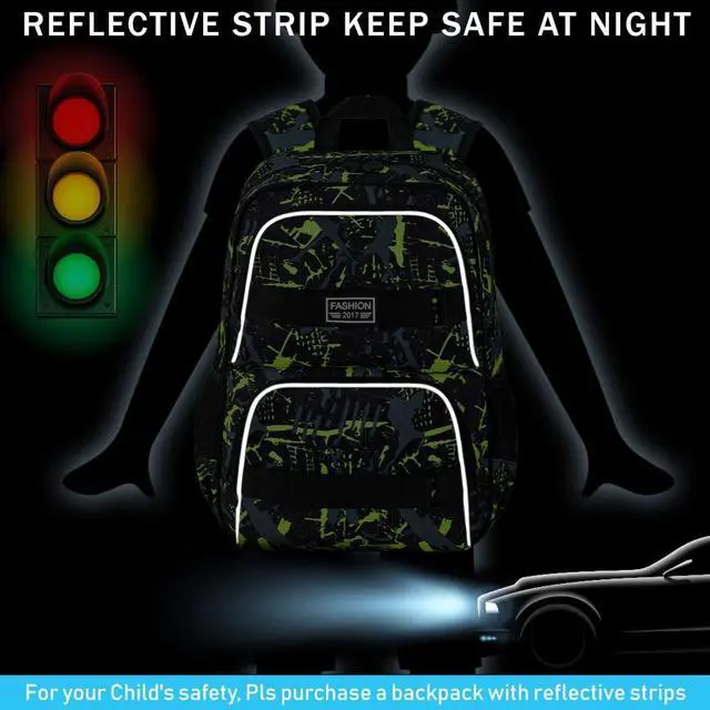 Alt view image 3 of 5 - FTJCF 17 Inches Backpack for Boys Men, 3Pcs College Laptop Backpacks Set for Teens Students, Water Resistant Graffiti School Bookbag with Lunch Bag(Green)