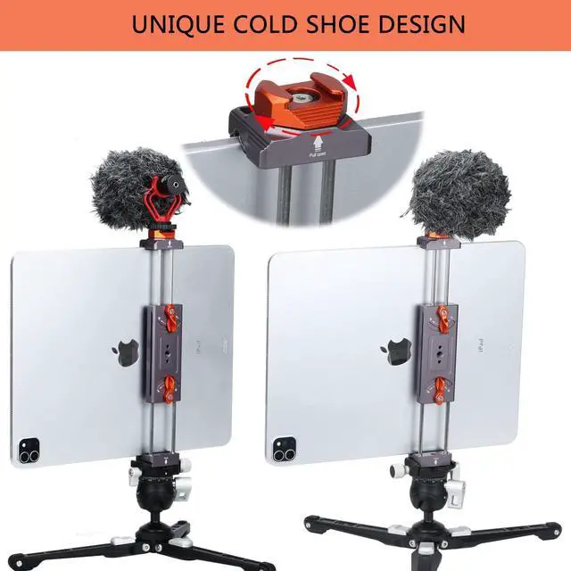 Alt view image 2 of 5 - Metal iPad Tripod Mount Adapter, Tablet Holder with Rotatable Cold Shoe Mount - Compatible with iPad Pro, Air, Galaxy Tab, iPhone