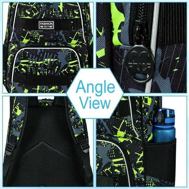 Alt view image 5 of 5 - FTJCF 17 Inches Backpack for Boys Men, 3Pcs College Laptop Backpacks Set for Teens Students, Water Resistant Graffiti School Bookbag with Lunch Bag(Green)