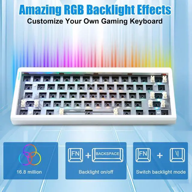 Alt view image 5 of 5 - FKZ GMK61 60% Hot Swappable PCB Custom RGB Gaming Keyboard Kit - Tri-Mode BT5.0/2.4Ghz/USB-C Wired Barebones Gasket Mount 61 Keys Programmable Mechanical DIY Kit (White)