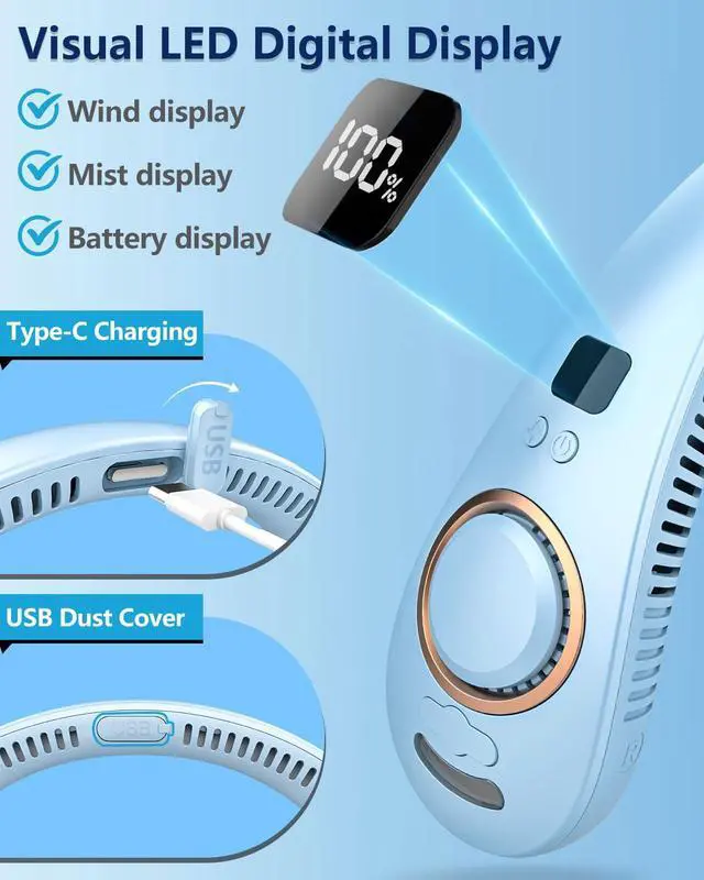 Alt view image 5 of 5 - Neck Fans Portable Rechargeable,Neck Fans that Blow Cold Air,Personal Cooling Device Wearable,Mini Ventilador Portatil,Bladeless Hand Free Neck Fan USB Chargeable Hot Flash Presents for Women Men Blue
