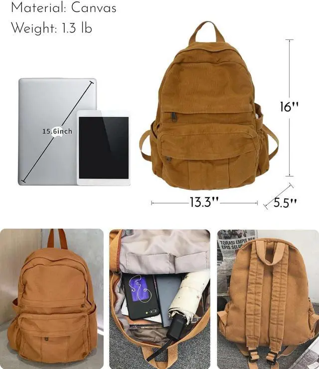 Alt view image 5 of 5 - GAMLFL Light Brown Canvas Backpack for Women & Men Retro Aesthetic Rucksack Basic Backpack for High School/College Students Travel Laptop Bag
