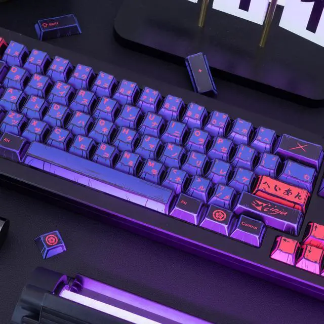 Alt view image 4 of 5 - GEKUCAP Purple Japanese PBT Custom Keycaps, 130 Keys Black Purple Manga Key Caps, Cherry Profile Dye Sublimation Keyboard Keycap Set for Cherry MX Gateron Kailh Switches Mechanical Keyboard