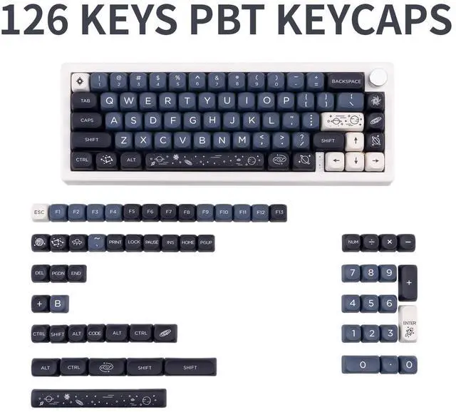 Alt view image 2 of 5 - GEKUCAP MOA Keycaps 126 Keys PBT Keycaps Dye-Sublimation Custom Keyboard Key Caps Set for Cherry Gateron MX Switches Mechanical Keyboards, Black Blue Space Theme Key Caps