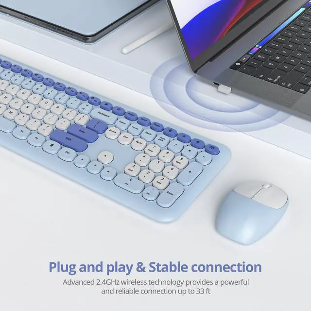 Alt view image 2 of 5 - surmen Blue Keyboard and Mouse Wireless, Cute Wireless Typewriter, Full Size Slim Silent Keyboard Round Keys Aesthetic for Home and Office(Colorful Blue)
