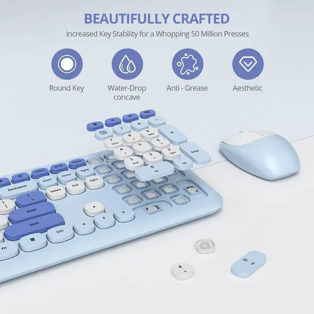 Alt view image 3 of 5 - surmen Blue Keyboard and Mouse Wireless, Cute Wireless Typewriter, Full Size Slim Silent Keyboard Round Keys Aesthetic for Home and Office(Colorful Blue)