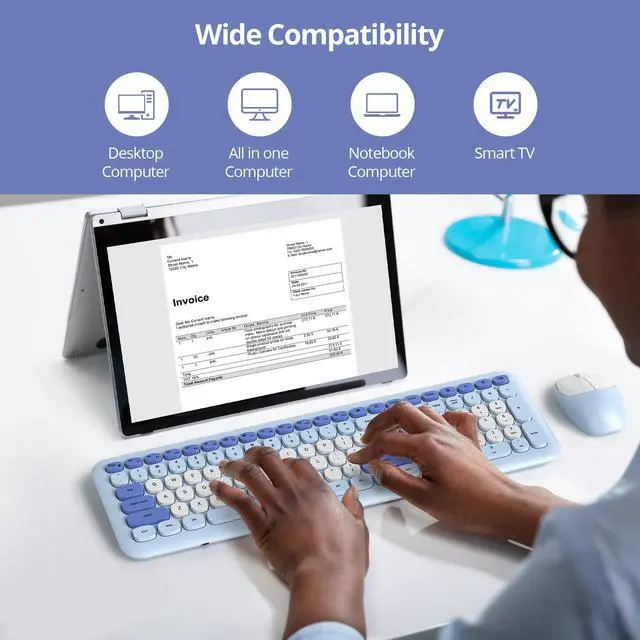 Alt view image 5 of 5 - surmen Blue Keyboard and Mouse Wireless, Cute Wireless Typewriter, Full Size Slim Silent Keyboard Round Keys Aesthetic for Home and Office(Colorful Blue)