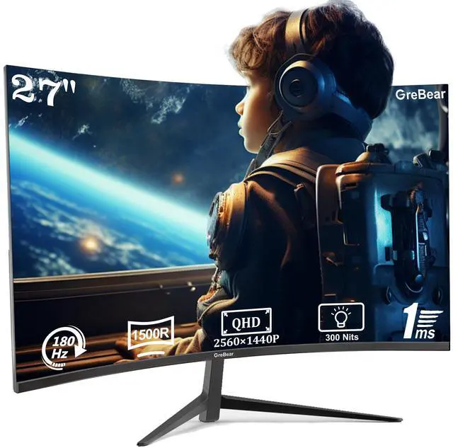 Main image of 27 Inch Curved Monitor 1440P 180HZ 2K, Professional IPS PC Gaming Display QHD 2560x1440p Home Office Computer Screen, HDMI, DP, AdaptiveSync, 1500R, Tilt Adjustable, Build-in Speaker, 100x100mm VESA