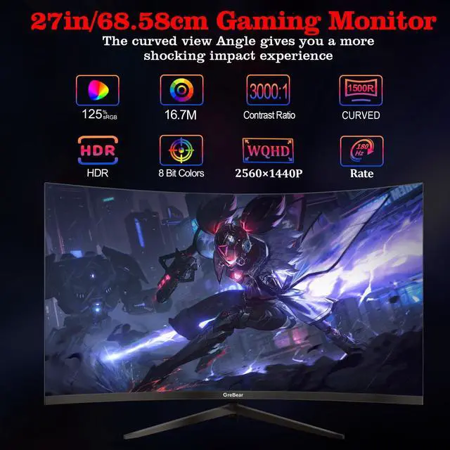 Alt view image 2 of 5 - 27 Inch Curved Monitor 1440P 180HZ 2K, Professional IPS PC Gaming Display QHD 2560x1440p Home Office Computer Screen, HDMI, DP, AdaptiveSync, 1500R, Tilt Adjustable, Build-in Speaker, 100x100mm VESA