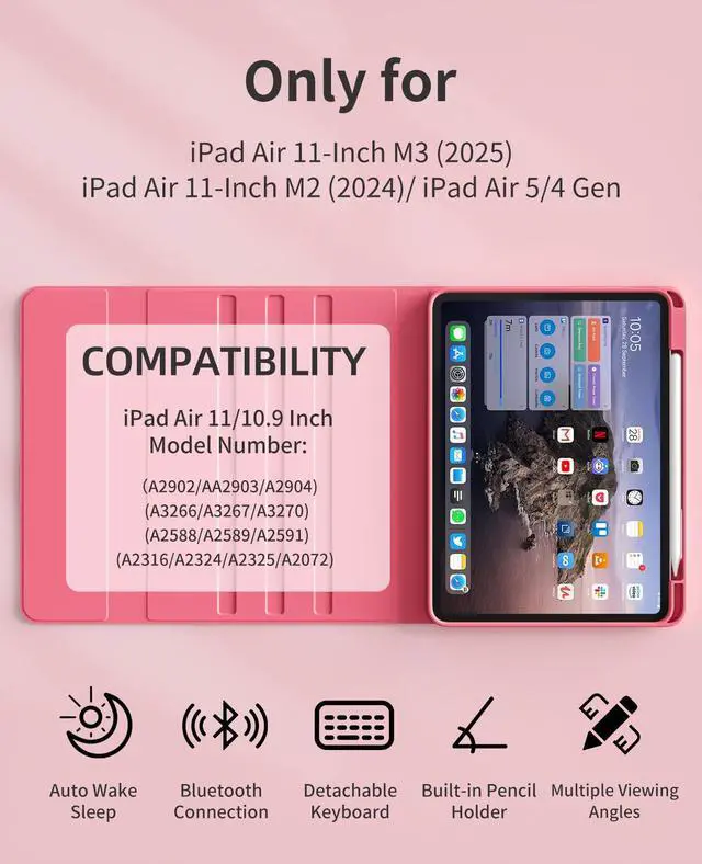 Alt view image 2 of 5 - GKABXY Keyboard Case for iPad Air 11 inch M3/M2 (2025/2024) & iPad Air 5th/4th Generation (2022/2020) 10.9-inch | 7-Color Backlit Wireless Keyboard | Soft TPU Back Shell with Pencil Holder (Hot Pink)