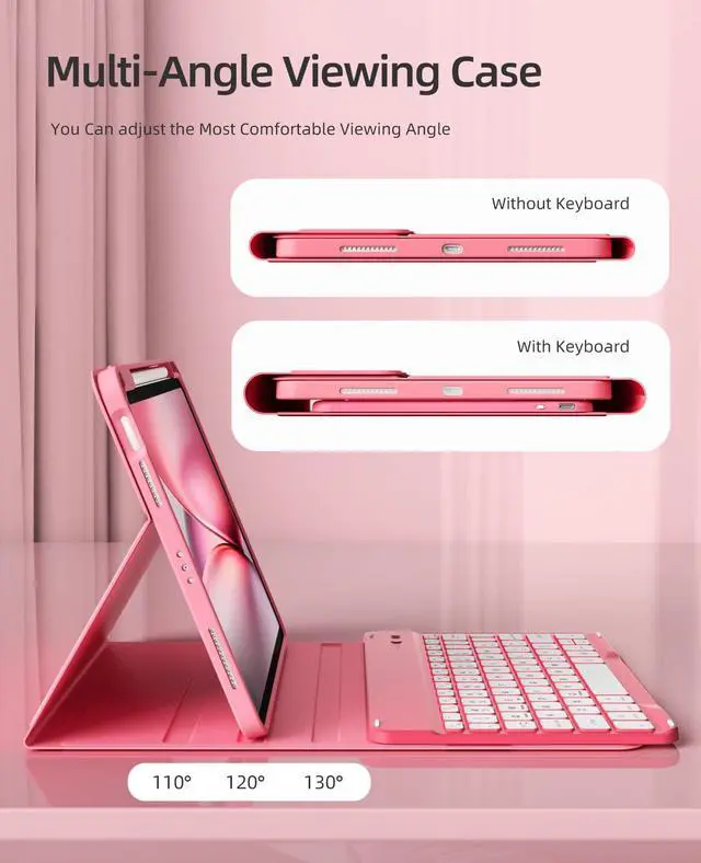Alt view image 3 of 5 - GKABXY Keyboard Case for iPad Air 11 inch M3/M2 (2025/2024) & iPad Air 5th/4th Generation (2022/2020) 10.9-inch | 7-Color Backlit Wireless Keyboard | Soft TPU Back Shell with Pencil Holder (Hot Pink)
