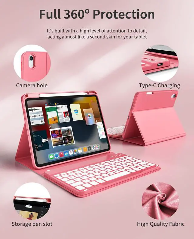 Alt view image 4 of 5 - GKABXY Keyboard Case for iPad Air 11 inch M3/M2 (2025/2024) & iPad Air 5th/4th Generation (2022/2020) 10.9-inch | 7-Color Backlit Wireless Keyboard | Soft TPU Back Shell with Pencil Holder (Hot Pink)