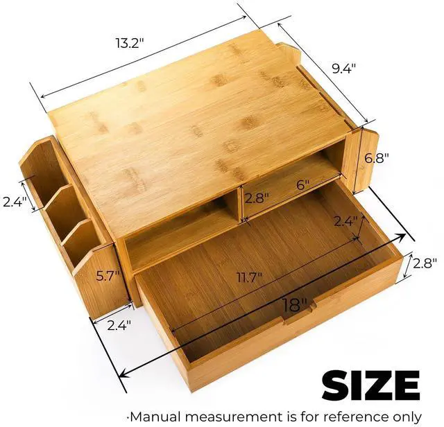 Alt view image 2 of 5 - Hiceeden 2 Tier Bamboo Desktop Organizer, Desk Monitor Stand Riser with 1 Drawer and 2 Pen Holder, 2 Compartment Computer Desk Storage Organizer for Laptop, Printer, iMac