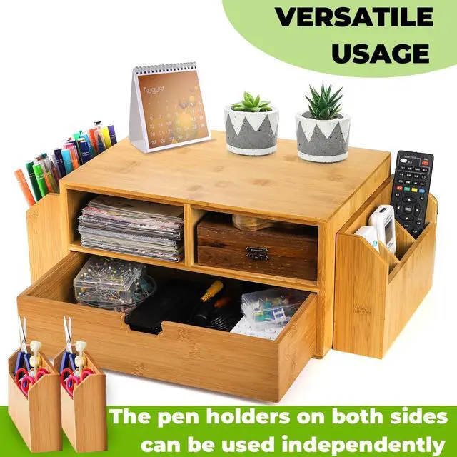 Alt view image 4 of 5 - Hiceeden 2 Tier Bamboo Desktop Organizer, Desk Monitor Stand Riser with 1 Drawer and 2 Pen Holder, 2 Compartment Computer Desk Storage Organizer for Laptop, Printer, iMac