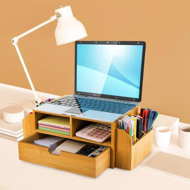 Alt view image 5 of 5 - Hiceeden 2 Tier Bamboo Desktop Organizer, Desk Monitor Stand Riser with 1 Drawer and 2 Pen Holder, 2 Compartment Computer Desk Storage Organizer for Laptop, Printer, iMac
