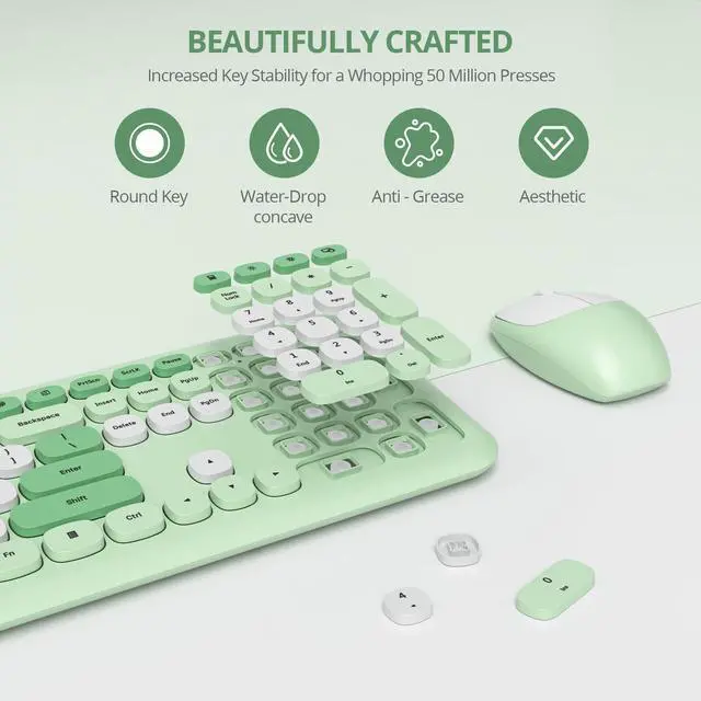 Alt view image 3 of 5 - surmen Green Keyboard and Mouse Wireless, Cute Wireless Typewriter Keyboard, Full Size Slim Silent Round Keys Aesthetic for Home and Office(Colorful Green)