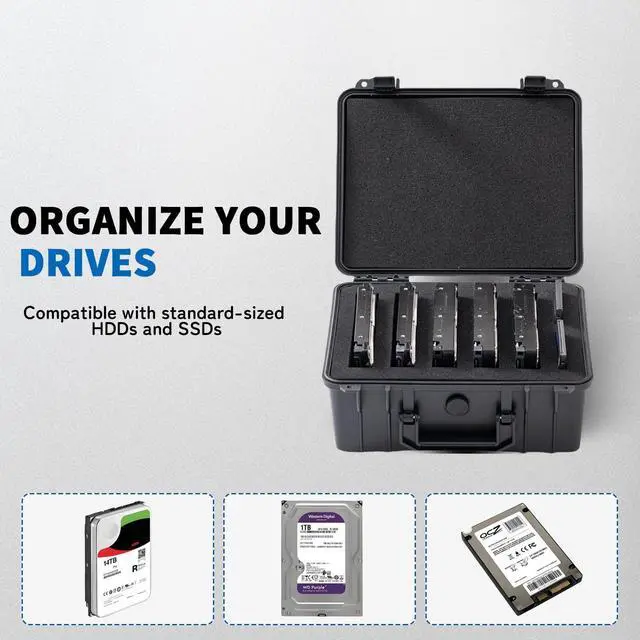 Alt view image 2 of 5 - Hard Drive Case for 3.5" HDD & 2.5" SSD - 5-Bay Shockproof PP Storage Box with Pre-Cut Foam, IP54 Splash Resistance & Anti-Static Protection (Compact & Lightweight)