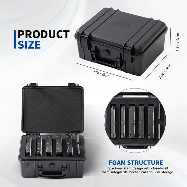 Alt view image 4 of 5 - Hard Drive Case for 3.5" HDD & 2.5" SSD - 5-Bay Shockproof PP Storage Box with Pre-Cut Foam, IP54 Splash Resistance & Anti-Static Protection (Compact & Lightweight)