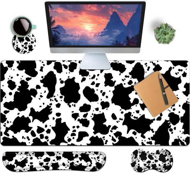 Main image of HaoSiTeck 4-Piece Extended Large Mouse Pad Set for Women Men with Cow Print Design Includes 35.4 x 15.7 XXL Large Mouse Pad Keyboard Wrist Rest Mouse Wrist Support and Coaster for Office Home