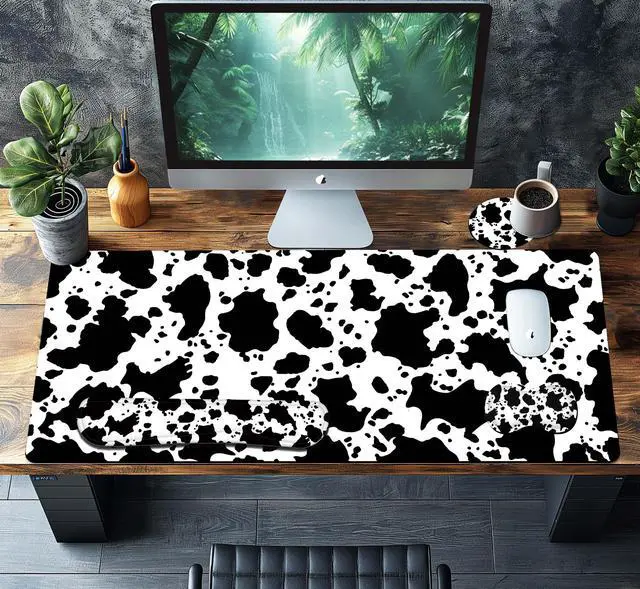 Alt view image 2 of 5 - HaoSiTeck 4-Piece Extended Large Mouse Pad Set for Women Men with Cow Print Design Includes 35.4 x 15.7 XXL Large Mouse Pad Keyboard Wrist Rest Mouse Wrist Support and Coaster for Office Home